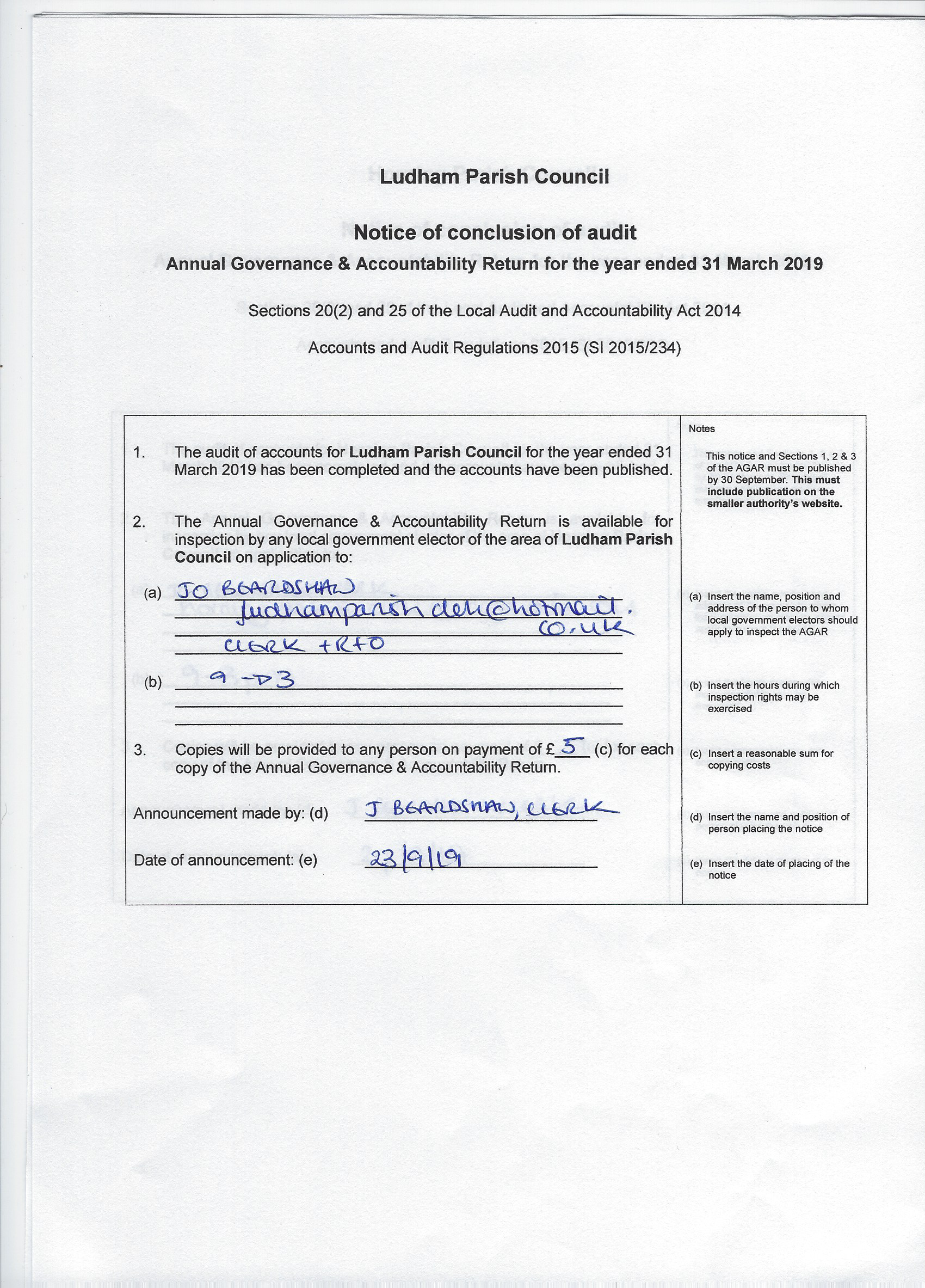 Audit Testing Conclusion Sample notice of conclusion of audit – Ludham Parish Council
